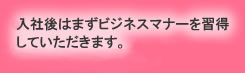 入社後はまずビジネスマナーを習得していただきます。また新卒者本人が自身の適性を判断できる機会としてジョブローテーションを実施します。