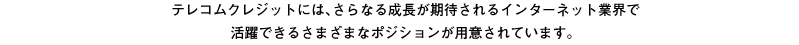 テレコムクレジットには、さらなる成長が期待されるインターネット業界で活躍できるさまざまなポジションが用意されています。